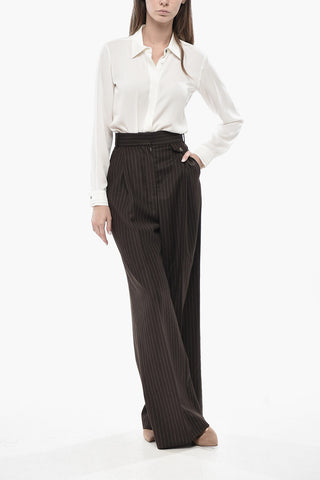 Wool Palazzo Trousers with Single Pleat and Pinstripe Pattern