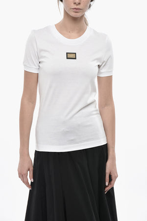 T-Shirt Girocollo in Cotone con Targhetta Frontale