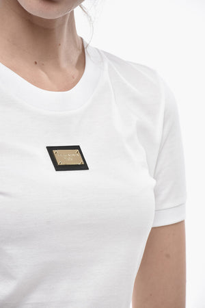 T-Shirt Girocollo in Cotone con Targhetta Frontale