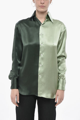Zweifarbige Satinbluse mit Maxi-Manschetten