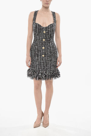 Sleeveless Tweed Sheath Dress With Front Buttons
