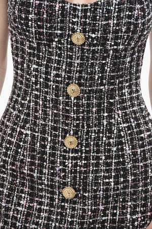 Sleeveless Tweed Sheath Dress With Front Buttons