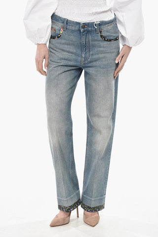 Straight-Fit-Jeans aus Baumwolle mit 21cm Blumenmuster-Säumen