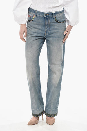 Straight-Fit Cotton Jeans with 21cm Floral-Pattern Hems