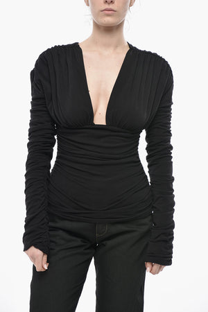 Top Drappeggiato in Jersey di Cotone con Scollo a V
