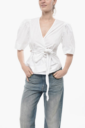 Poplin Wrap Blouse with Puff Sleeves