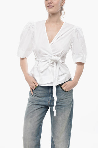 Poplin Wrap Blouse with Puff Sleeves