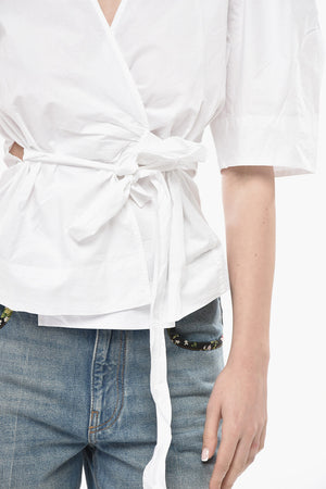 Poplin Wrap Blouse with Puff Sleeves