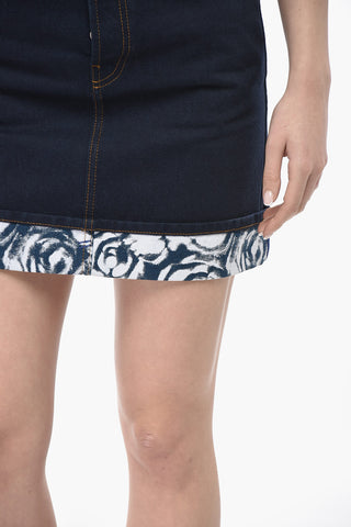 Minigonna in Denim Lavaggio Scuro con Risvolto Fantasia