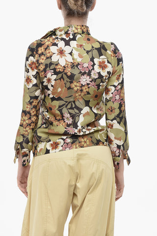 실크 오간자 타이넥 블라우스 플로럴 패턴
