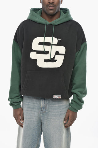 Felpa Hoodie Bicolore in Cotone Garzato