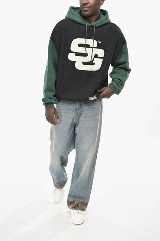 Felpa Hoodie Bicolore in Cotone Garzato