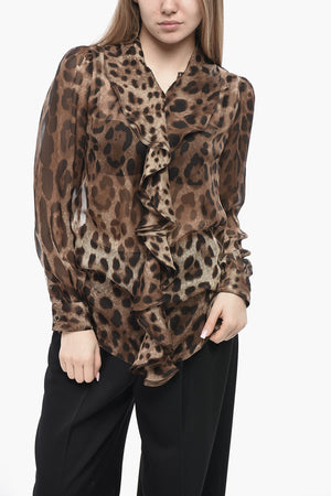 Silk Ruffle-Front Blouse in Animal Print