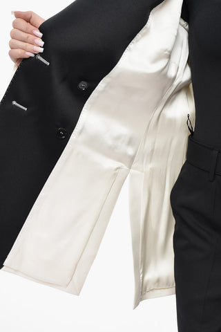 Zweireihiger Blazer aus Wollmix mit Satin-Kontrastdetails