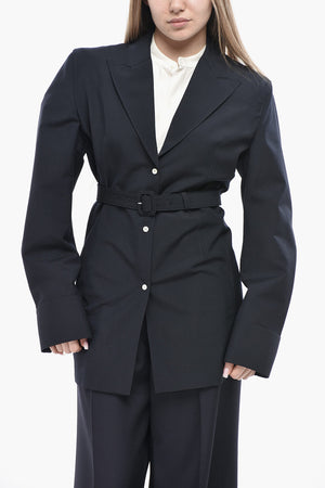 Mohair-Blend Blazer with Padded Shoulders and Belt