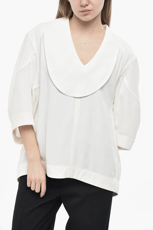 Linen-Blend Asymmetric Blouse With 3/4 Sleeves