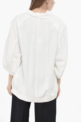 Linen-Blend Asymmetric Blouse With 3/4 Sleeves