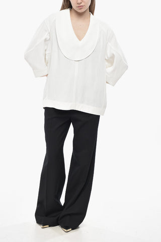 Linen-Blend Asymmetric Blouse With 3/4 Sleeves