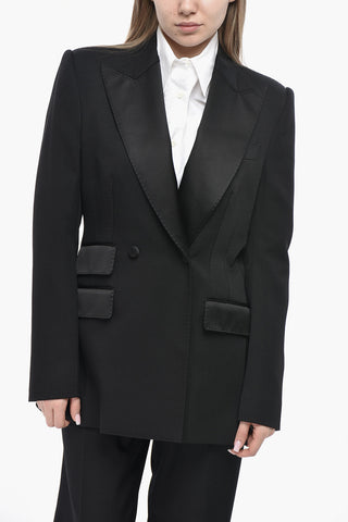 Wool-Blend Double-Breasted Blazer with Satin Details