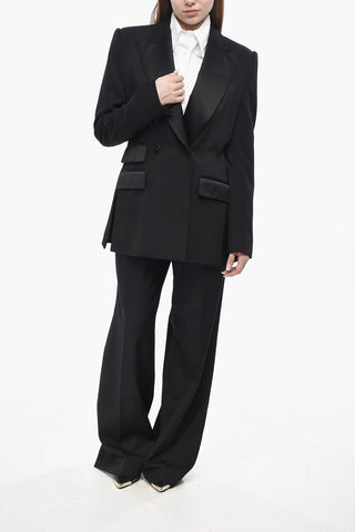 Wool-Blend Double-Breasted Blazer with Satin Details