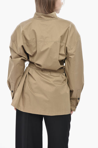 Cotton Shirt with Belt and Mandarin Collar