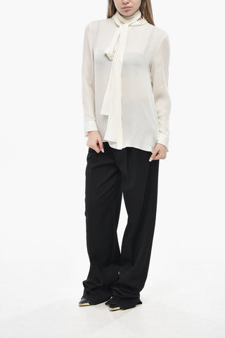 Tie-Neck Silk Blouse with Hidden Button Placket