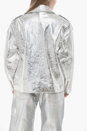 Oversized Lamé Leather Biker Jacket
