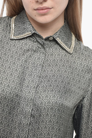 Camicia in Satin Floreale con Colletto Gioiello