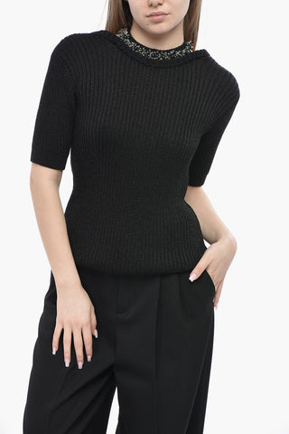 Cotton-Blend Crewneck Top TONIA with Jewel Neckline