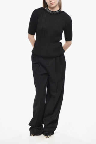 Cotton-Blend Crewneck Top TONIA with Jewel Neckline
