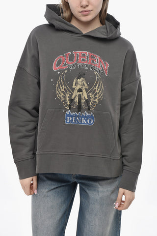 Felpa Hoodie in Cotone Garzato QUEEN con Stampa
