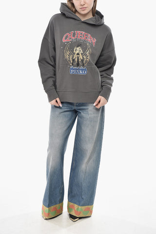 Felpa Hoodie in Cotone Garzato QUEEN con Stampa