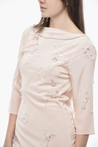 Silk Chiffon Dress with Embroidery and Pearls