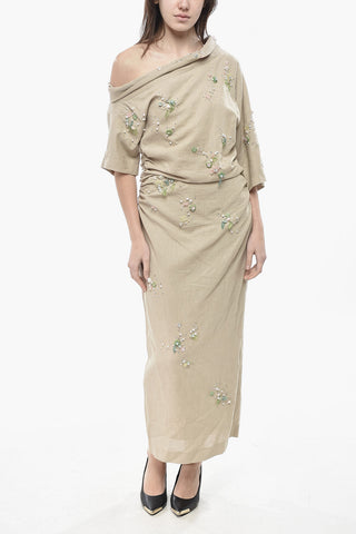 Linen-Blend Off-Shoulder Dress with Embroidery