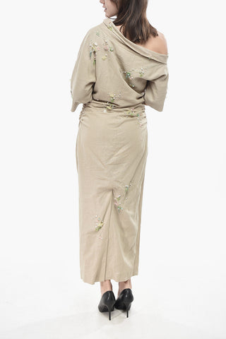 Linen-Blend Off-Shoulder Dress with Embroidery