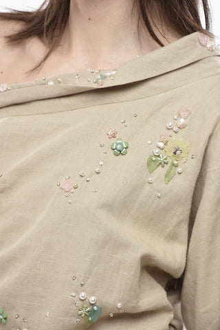 Linen-Blend Off-Shoulder Dress with Embroidery