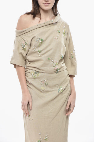 Linen-Blend Off-Shoulder Dress with Embroidery