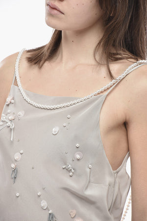 Bare-Back Silk Slip Dress with Pearls