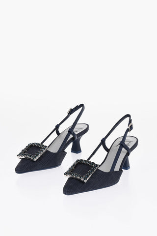 Pumps Slingback in Canvas con Fibbia Gioiello 7cm