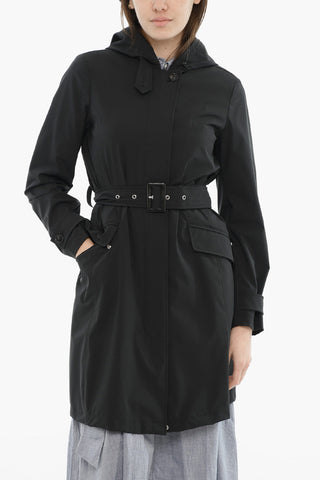 Trench in Nylon Stretch con Cappuccio e Cintura