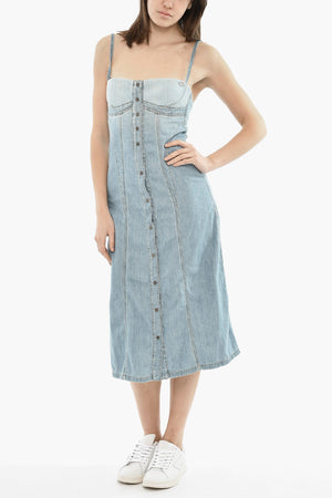 Langes Kleid DE-DRESSY aus Denim mit halbem Reißverschluss und Druckknöpfen