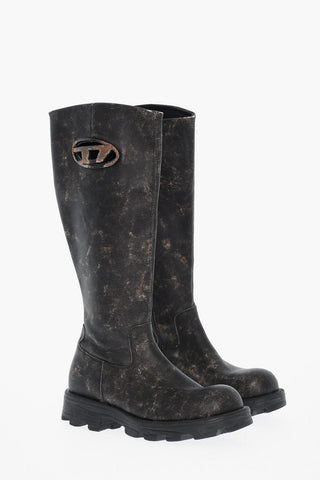 Acid-Wash Effect Leather Boots D-HAMMER with Chunky Sole 5cm