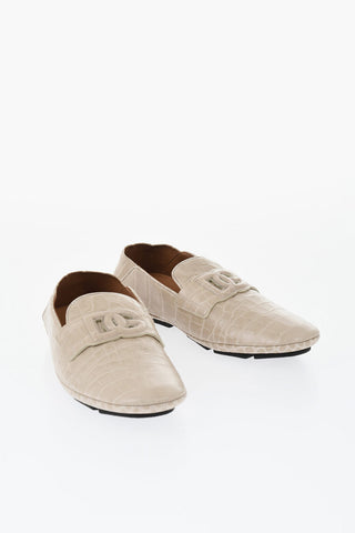 Leather Embossed Crocodile-Effect Loafers With Front Monogram