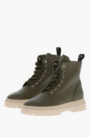 Hammered Leather Combat Boots MILITARY with Contrasting Chunky Sole