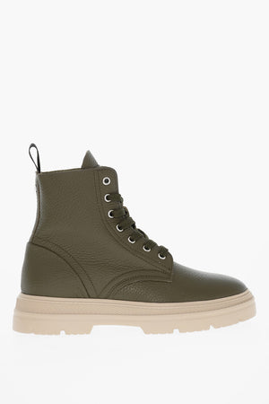 Hammered Leather Combat Boots MILITARY with Contrasting Chunky Sole