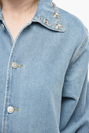 Giubbotto in Denim Lavaggio Medio con Bottoni a Pressione Decorativi