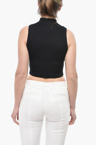 Ribbed Cotton-Blend Sleeveless High-Neck Top