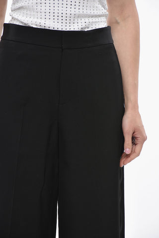 Pantaloni a Gamba Dritta in Lana con Bande Laterali in Satin