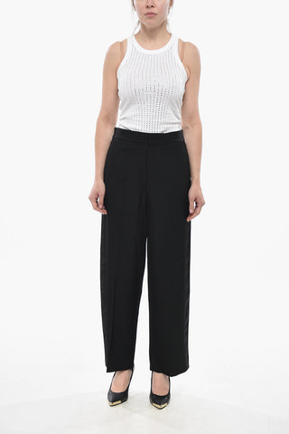 Pantaloni a Gamba Dritta in Lana con Bande Laterali in Satin