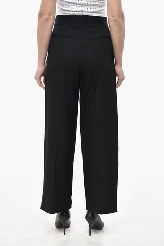 Pantaloni a Gamba Dritta in Lana con Bande Laterali in Satin